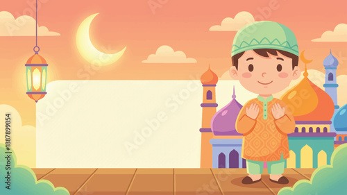 Cute Muslim Boy Praying at Mosque with Ramadan Lantern and Crescent Moon