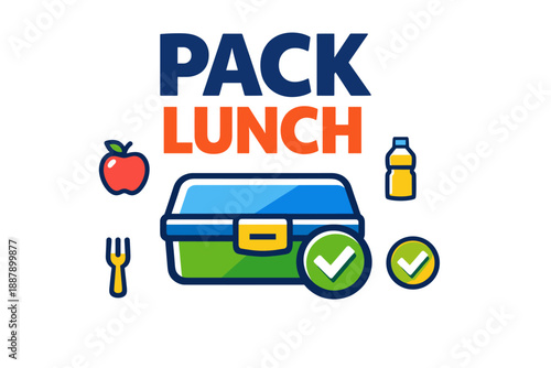 Colorful packed lunch design with box, apple, juice, and utensils
