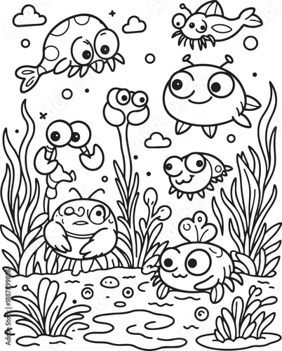 Funny underwater creatures coloring page with crabs starfish and happy sea animals