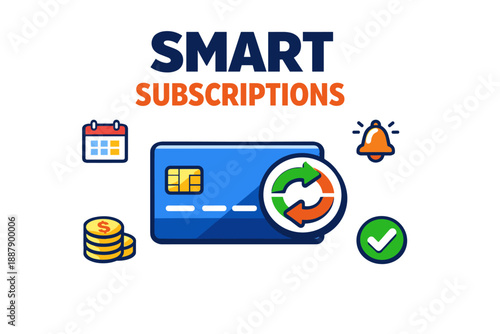 Smart subscriptions concept with credit card and renewal icons