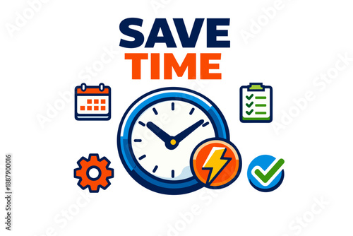 Save time concept with clock and productivity icons