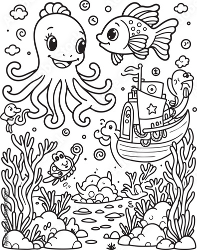 Happy sea creatures coloring page underwater scene with octopus fish boat and sea turtle