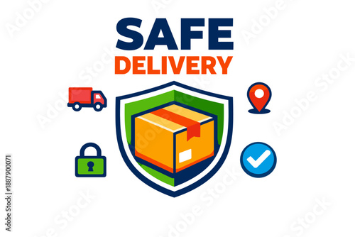 Safe delivery graphic with shield, package, and delivery icons