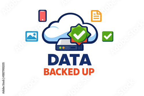 Cloud backup illustration with checkmark and data storage icons