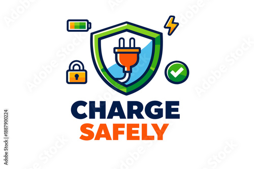 Charge safely icon: shield with plug and safety symbols in vibrant colors