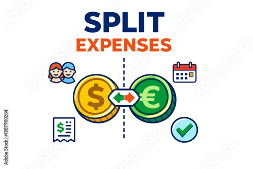 Split expenses concept with dollar and euro coins, receipt, calendar, and people icons