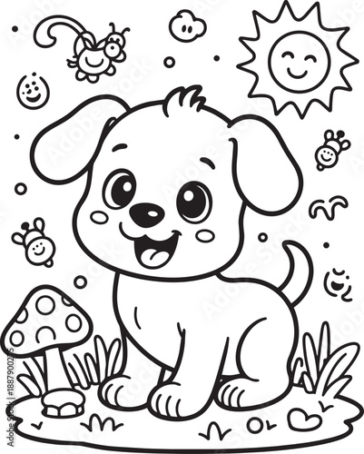 Puppy coloring page with mushroom and smiling sun for kids activities and creative hobbies
