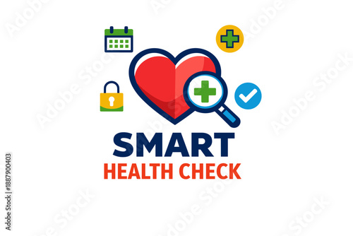 Smart health check logo with heart, calendar, lock, and medical icons