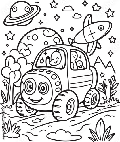 Space car coloring book illustration with alien character driving moon landscape background