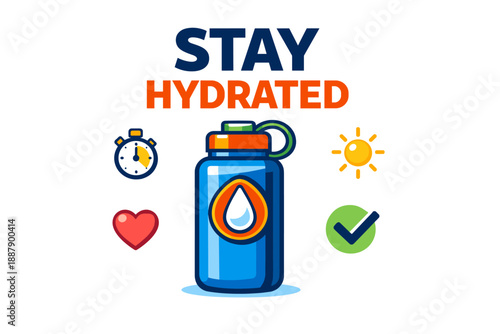 Stay hydrated: water bottle with timer, heart, sun, and checkmark symbols