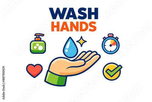 Hand washing importance with soap, water, timer, and health symbols