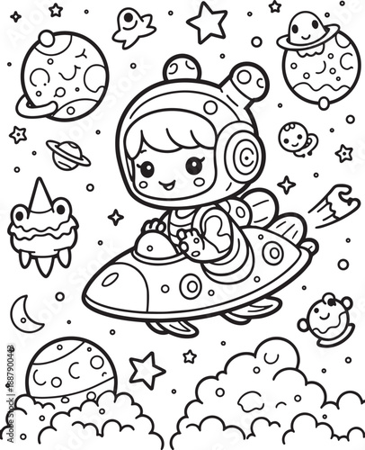 Sweet baby astronaut girl riding a flying saucer surrounded by planets and stars in space