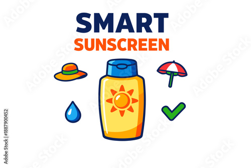 Smart sunscreen design with sun hat, umbrella, water droplet, and checkmark