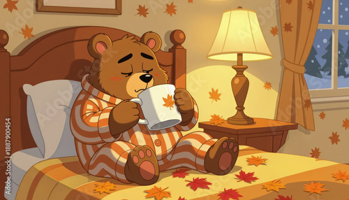 Bear in pajamas drinking coffee cozy autumn morning