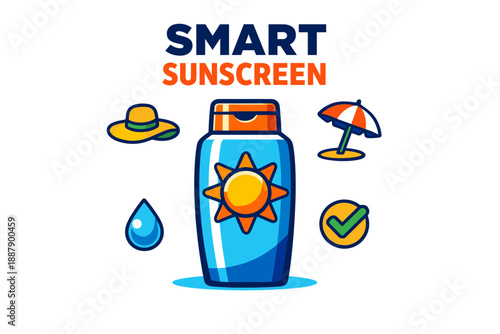Smart sunscreen bottle with sun protection icons including hat and umbrella