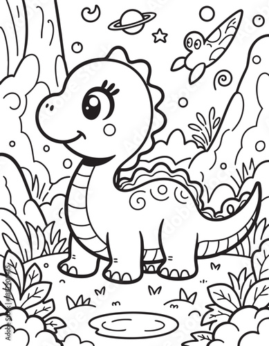 Sweet baby dinosaur in space themed coloring page with planets and stars for young artists