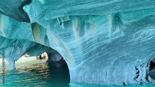 Cinematic boat tour inside the Marble Caves, General Carrera Lake, Chile.