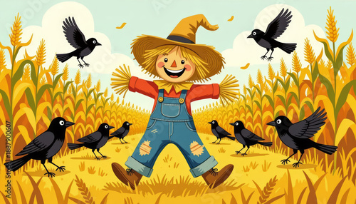 Happy scarecrow standing in a golden cornfield with crows