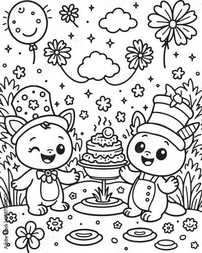 Two happy cartoon kittens celebrating with cake balloons and flowers coloring sheet