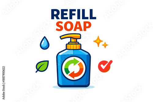 Eco-friendly refill soap bottle with recycling symbols and clean icons
