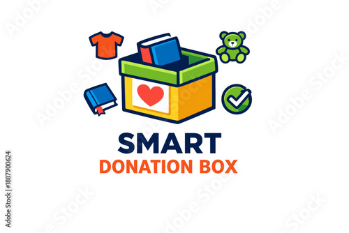 Smart donation box with books, teddy bear, toy icons, heart symbol, and checkmark