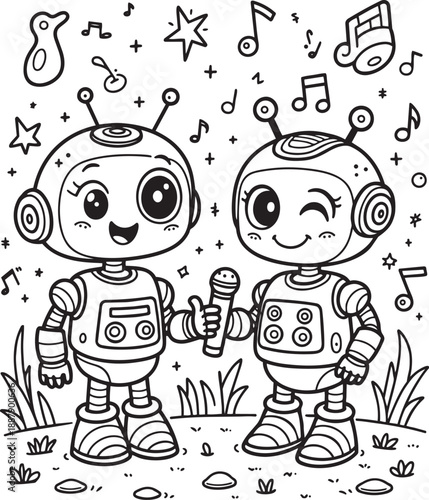 Two adorable robot characters are singing together holding a microphone surrounded by musical notes