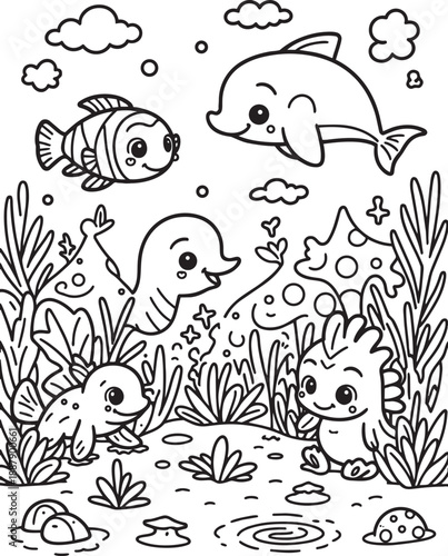 Underwater sea creatures coloring sheet with dolphin fish and small ocean life for play