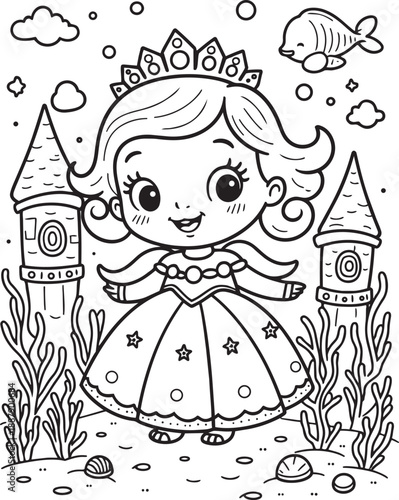 Underwater princess near coral castle with sea creatures and marine life