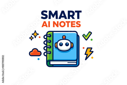 Smart ai notes: illustrated book with robot icon and colorful symbols