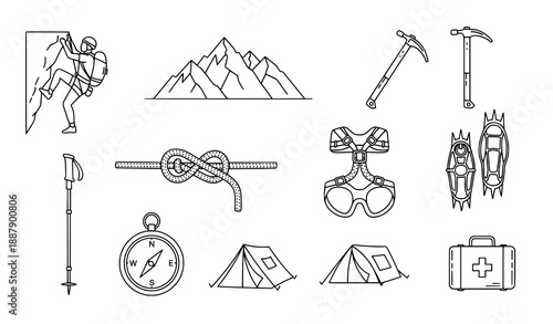 Minimal Mountaineering and Climbing Outline Icons Vector Collection with Editable Stroke