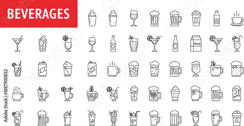 Assorted Beverages and Drinks Icon Set with Cocktails Coffee Beer Wine and Soda for Restaurant Bar and Cafe Menu Vector Illustration