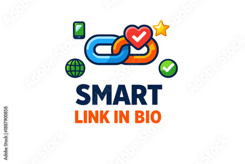 Smart link in bio design with icons of phone, globe, chain, star, and checkmark