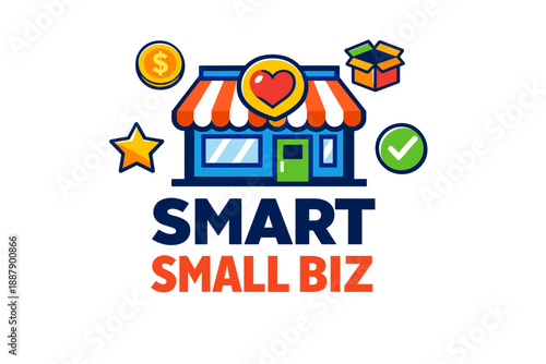 Smart small biz logo with shop icon and colorful symbols