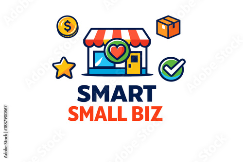 Smart small biz icon with store, heart, coin, box, star, and checkmark