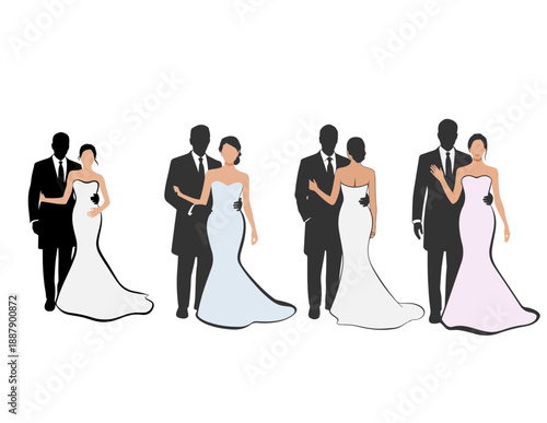 Silhouettes of wedding couples isolated on white background