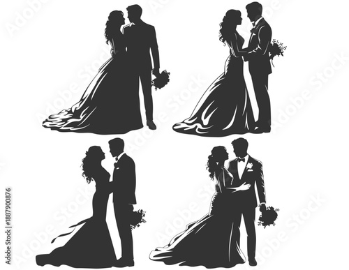Silhouettes of a happy couple on their wedding day isolated on white background