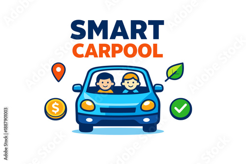 Smart carpool concept with cartoon characters and icon elements