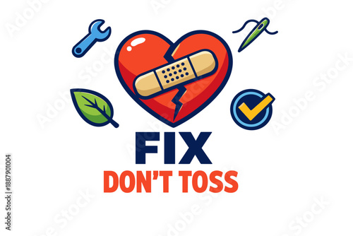 Repair and reuse artwork with heart, bandage, tools, leaf, check mark