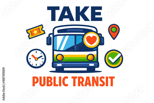 Promote public transit with bus icon and colorful symbols