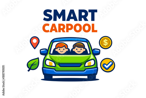 Cartoon smart carpool design with two people in green car and eco-friendly symbols