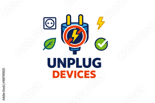 Unplug devices icon with energy conservation symbols and leaf motif