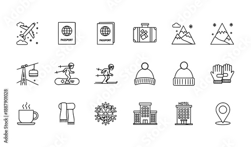 Winter Travel Outline Icons Set with Editable Stroke for Tourism and Holiday Design