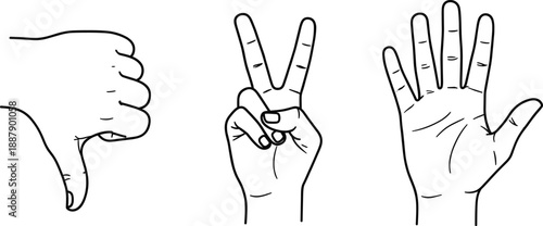 Hand Gesture Icon Set with Thumbs Down Victory Peace Sign and Open Palm for Communication and Nonverbal Expression Vector Illustration