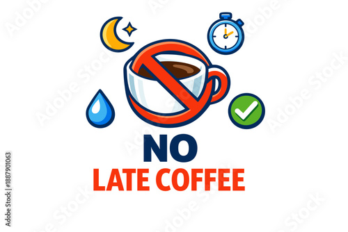 No late coffee: nighttime reminder with cup, moon, and checkmark icons