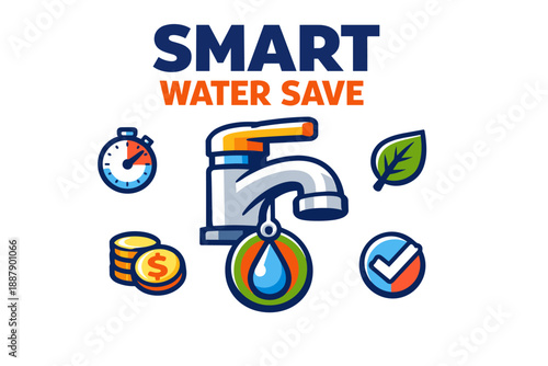 Smart water save concept with faucet and sustainability icons