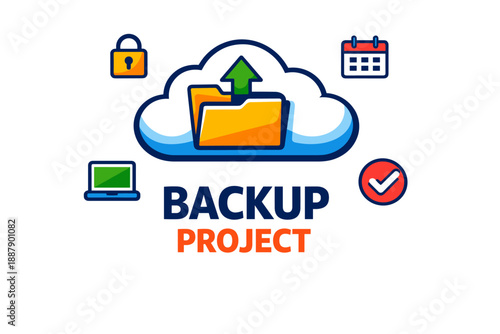 Cloud backup project with folder, laptop, calendar, and security icons