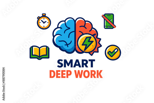 Smart deep work: brain, focus, productivity, and task management icons
