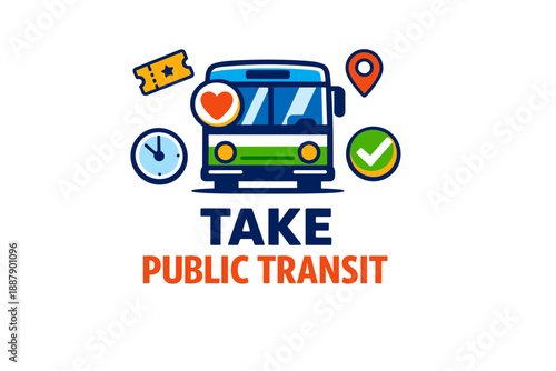 Public transport promotion with bus illustration and travel icons