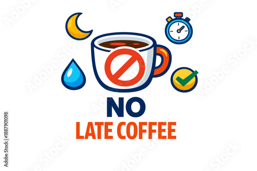 No late coffee reminder with symbols of moon, droplet, clock, and checkmark