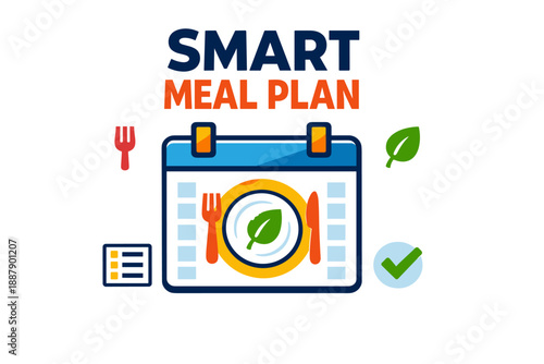 Smart meal plan concept with calendar, utensils, and leaf icons